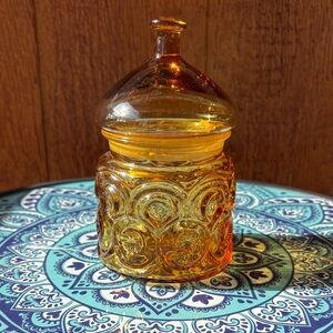 Vintage 60’s L. E. Smith Moon and Stars Small Amber Glass Jar with Lid